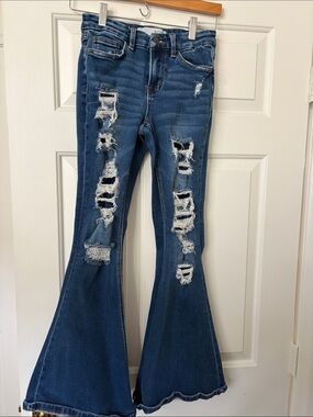 Distressed Dark Blue Flare Jeans with Ripped Detail